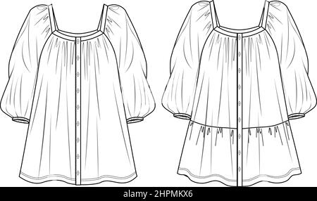 Vector long sleeve mini dress technical drawing, woman tired dress with square-neck and balloon sleeve fashion CAD, sketch, template, flat. Jersey or Stock Vector