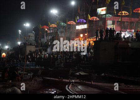 Evening ceremony of Ganga Aarti performed at Dashashwamedh Ghat  with fire and dance on banks of River Ganges at Varanasi in Uttar Pradesh, India Stock Photo