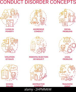 Conduct disorder red gradient concept icons set Stock Vector