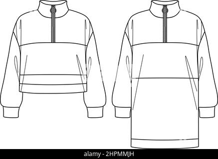 Vector woman sweatshirt fashion CAD, long sleeved hooded sweatshirt technical drawing, template, sketch, flat. Fleece or woven fabric sweatshirt with Stock Vector
