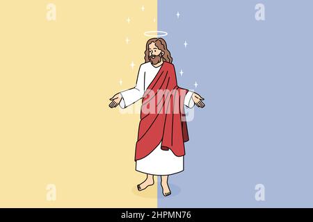 Bible and Jesus Christ concept. Kind smiling Jesus in red clothing standing and showing his big caring hands vector illustration  Stock Vector
