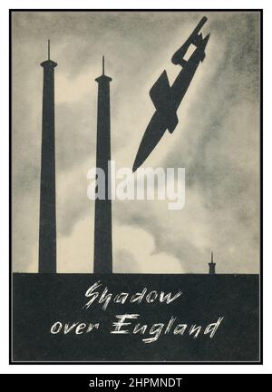 WW2 V1 Nazi Rocket Flying Bomb Doodlebug Nazi Bombs poster propaganda Germany leaflet drop 1944,  'Shadow over England' series of Nazi propaganda leaflets distributed by Nazi Germany over England 1940’s series of leaflets distributed over Allied troops as they fought up the boot of Italy in 1944-5. Propaganda Abschnitts Offizer Italien. series depicts V1's, aka 'Doodlebugs' and 'Flying Bombs', flying towards/over England. Stock Photo