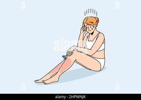 Skin problems after shaving concept. Young crying female sitting with red sore legs having problems with shaving vector illustration  Stock Vector