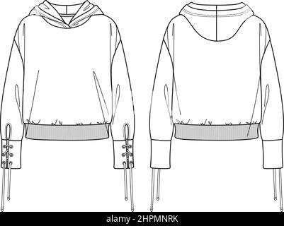 Vector lounge hooded sweatshirt fashion CAD, sport woman long sleeved sweatshirt with eyelets detail technical drawing, template, sketch, flat. Jersey Stock Vector
