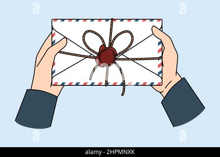 Post service and letter concept. Postman hands holding letter for person with official post stamp in envelope vector illustration  Stock Vector