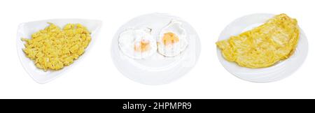 Eggs: set of scrambled eggs and fried egg, breakfast on the table isolated on white background, top view Stock Photo