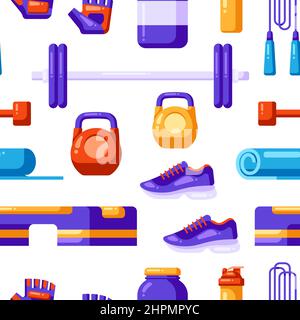 Seamless pattern with fitness equipment. Sport bodybuilding items illustration. Stock Vector
