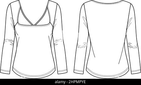 Vector Cut Out Long Sleeved T Shirt Fashion Cad Woman Winter Round Neck  Crop Top Technical Drawing Template Sketch Flat Mockup Jersey Modern Crop  Top With Front Back View White Color Stock
