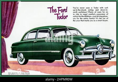 1949 Ford custom sedan 'The Ford Tudor' post WW2  car advertising brochure with white sidewall tyres and chrome wheel trim as an optional extra The 1949 Ford was an American automobile produced by Ford since 1948. It was first all-new automobile design introduced by the Big Three after World War II, civilian production suspended during the war, and the 1946-1948 models from Ford, GM, and Chrysler being updates of their pre-war models. Popularly called the 'Shoebox Ford' for slab-sided, 'ponton' design, 1949 Ford Tudor is credited with saving Ford and ushering in streamlined modern car design Stock Photo