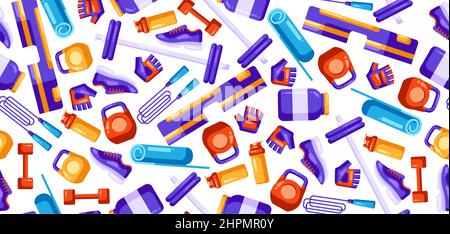Seamless pattern with fitness equipment. Sport bodybuilding items illustration. Stock Vector