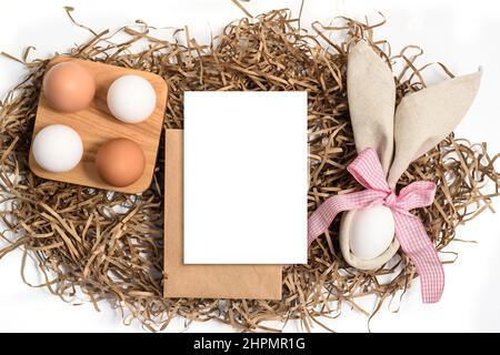 Easter mockup greeting card, Flat lay, copyspace. Stock Photo