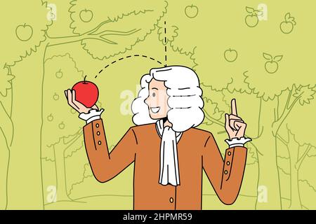 Science and physical experience concept. Sir Isaac Newton scientist standing and exploring gravity with red fallen apple in hands vector illustration  Stock Vector