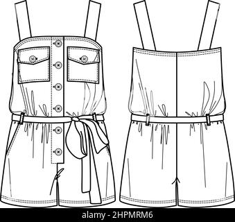 Vector woman strapless jumpsuit technical drawing, sleeveless jumpsuit with pockets and buttons fashion CAD, template, flat, sketch, mockup. Jersey or Stock Vector