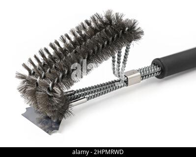 wire brush, grill cleaning brush with stainless steel bristles isolated on white background Stock Photo
