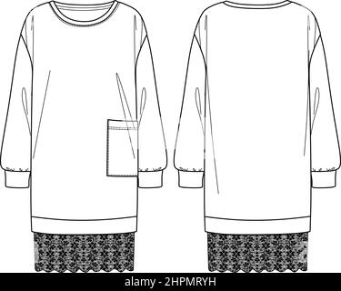 Vector sweatshirt dress technical drawing, sporty dress sketch CAD, hooded dress flat, casual wear for woman, sweat dress template, mock up Stock Vector