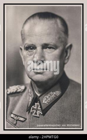 Nazi Army General Walter Karl Ernst August von Reichenau (8 October 1884 – 17 January 1942)  a field marshal in the Wehrmacht of Nazi Germany during World War II. Reichenau commanded the 6th Army, during invasions of Belgium and France. During Operation Barbarossa, the invasion of the Soviet Union, he continued to command the 6th Army as part of Army Group South as it captured Ukraine and advanced deep into Russia. While in command of 6th Army during Operation Barbarossa in 1941, he issued notorious Severity Order which encouraged German soldiers to murder many thousands of Jewish civilians Stock Photo