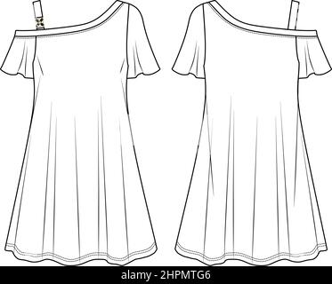 Vector one shoulder short sleeved dress fashionCAD, off shoulder with accessory dress technical drawing, sketch, flat, template. Jersey or woven fabri Stock Vector