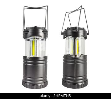 Isolated photo of gray colored led camping lantern on white background. Stock Photo