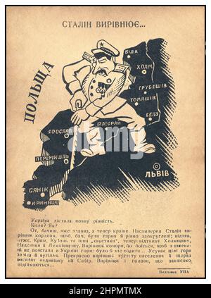 Ukraine 1945/46 propaganda map entitled 'Stalin Evens Out Our (Ukrainian) Borders.' It was issued by the Ukrainian Insurgent Army (UPA), a Ukrainian nationalist guerrilla organization that at various times in and after World War II fought against the Germans, the Poles, the Soviets and the Czechs.The map covers a portion of southwestern Ukraine and southeastern Poland between Lwow (Львів) at the lower right of the map and Przemysl and Chelm (Перемишль and Холм) to the left of Stalin's saw. At the Yalta Conference in February 1945, Churchill and Roosevelt agreed to Stalin's demand. Stock Photo