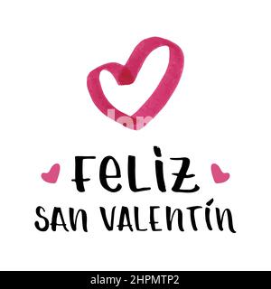 Valentine's day lettering in Spanish: Feliz San Valentin. Outline heart shape. Love symbol. Hand drawn with marker. Vector illustration, flat design Stock Vector