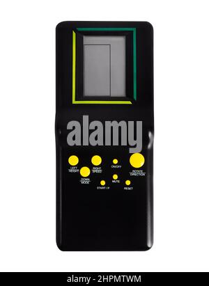 Isolated photo of black colored classic portable game console on white background. Stock Photo