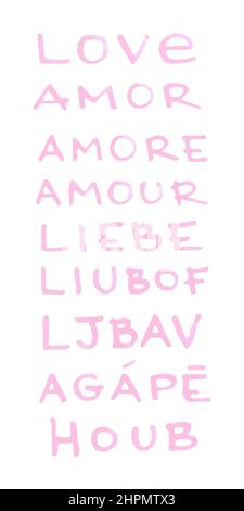 Handwritten love word set. Marker lettering. Love in different languages. Vector illustration, flat design Stock Vector