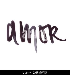 Handwritten love word in Spanish: Amor. Black marker gesture lettering. Vector illustration, flat design Stock Vector