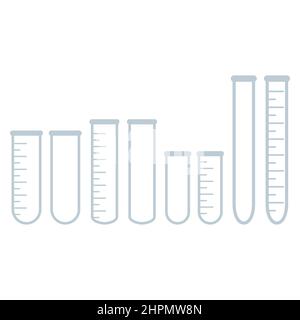 Chemical test tubes vector icons set of different sizes of flasks minimalist flat illustrations. Experiment chemical flasks for science isolated on wh Stock Vector