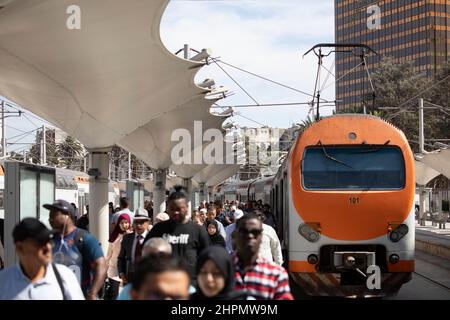 Passengers exit a regional passenger train at Casa Port train station in Casablanca, Morocco. Stock Photo