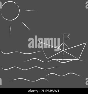 Vector illustration of paper boat in the sea in handdrawn chalk style. Outline simple paper boat isolated on grey background. Icon symbol of travel an Stock Vector