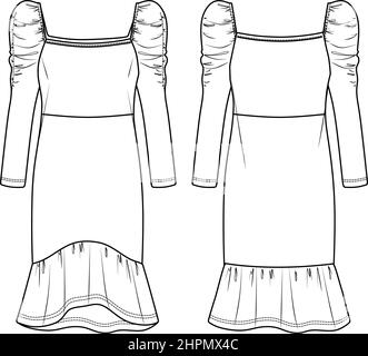 Vector slim fit dress technical drawing, long sleeved square neck mini dress fashion CAD, sketch, template, flat. Jersey or woven fabric dress with fr Stock Vector