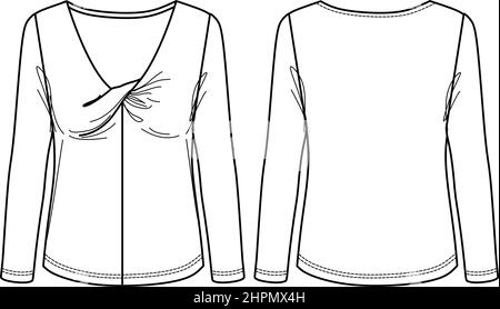 Vector long sleeved T-Shirt fashion CAD, woman V-neck winter top with knot detail technical drawing, template, sketch, flat. Jersey or woven fabric bl Stock Vector