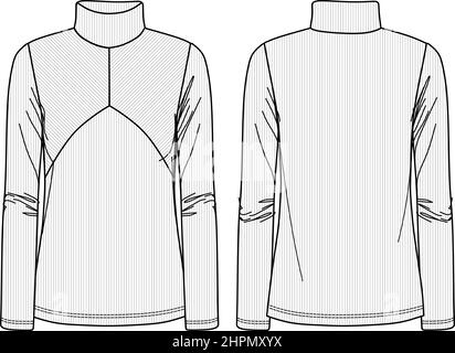 Vector ribbed turtleneck top fashion CAD, woman long sleeved T-Shirt technical drawing, template, sketch, flat Stock Vector