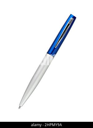Metal pen isolated on white background. Blue ballpoint pen cut out. Metallic disposable biro pen. Stock Photo