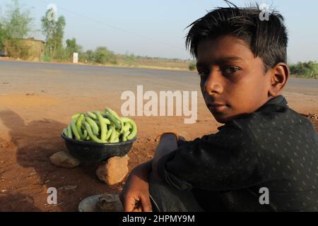 A boy selling vegetables on the road side. India. Stock Photo