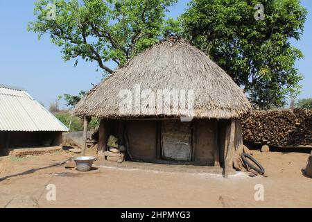 A house/ hut made of mud and leaves in rural India. Stock Photo