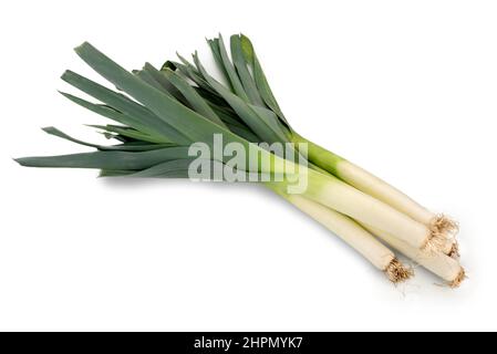 Fresh raw leeks isolated on white background, top view Stock Photo
