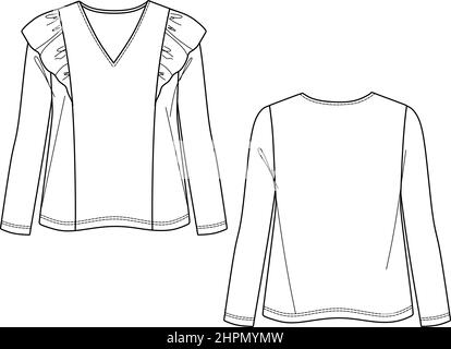 Vector long sleeved blouse technical drawing, woman v-neck top fashion ...