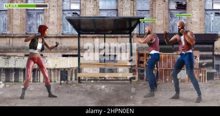 Pixel artwork illustration of fighting 16 bit 2d game with female ...