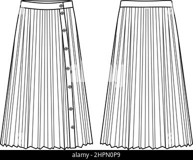 Vector plisse skirt fashion CAD, woman pleated skirt technical drawing, template, sketch Stock Vector