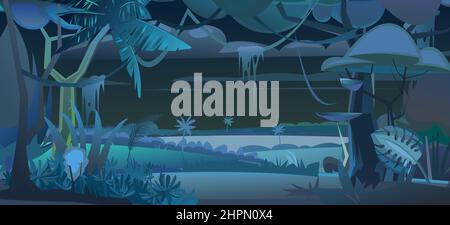 Jungle plants. Flora night landscape. Dense thickets. View from the Tropical Dark forest panorama. Southern Rural Scenery. Illustration in cartoon sty Stock Vector