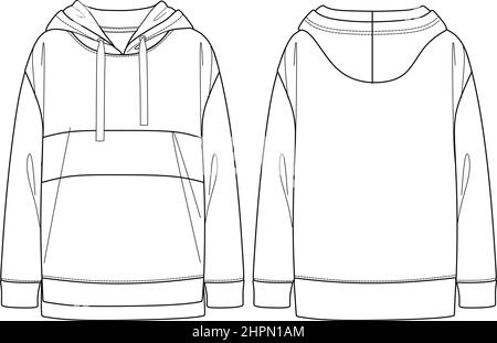 Vector woman sweatshirt fashion CAD, long sleeved hooded sweatshirt technical drawing, template, sketch, flat. Fleece or woven fabric sweatshirt with Stock Vector
