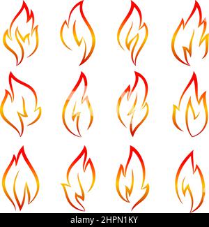 Fire flames, set icons, made orange linear style Stock Vector