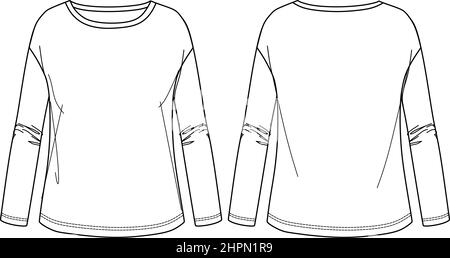 Vector long sleeved T-Shirt fashion CAD, woman round neck t-shirt technical drawing, basic top template, sketch, mock up.  Jersey or woven fabric top Stock Vector