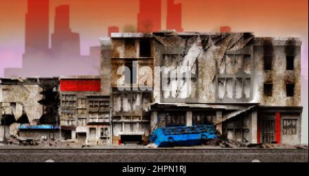 Pixel artwork illustration of destroyed city street ruins with demolished buildings. 16 bit game level design. Stock Photo