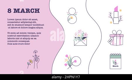 Vector illustration of 8th march icons on white background. Stock Vector