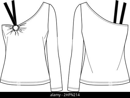 Vector woman t-shirt technical drawing, asymmetric blouse with accessory fashion CAD, sketch, flat. Jersey or woven fabric top with front, back view, Stock Vector