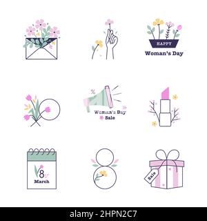 Vector illustration of 8th march icons on white background. Stock Vector