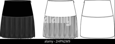 Vector mini skirt fashion CAD, woman fringe detailed skirt technical drawing, sketch, template, flat. Jersey or woven fabric skirt with front, back vi Stock Vector