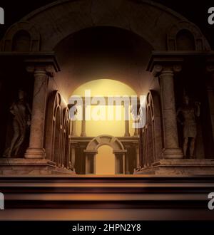 3d render illustration of fantasy ancient greek temple with stone statues and columns and arches. Stock Photo